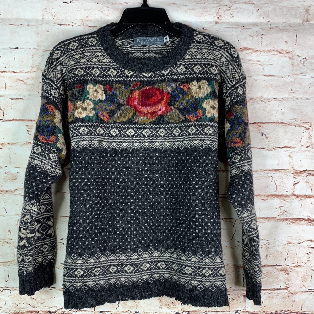 Icelandic Design Sweater Nordic Floral Gray Neck 100% Wool Size M